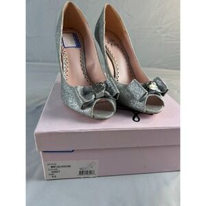 Hello Kitty Womens Heels Pumps Size 6.5 Silver Glitter Bow Peep Toe Kawaii Coque